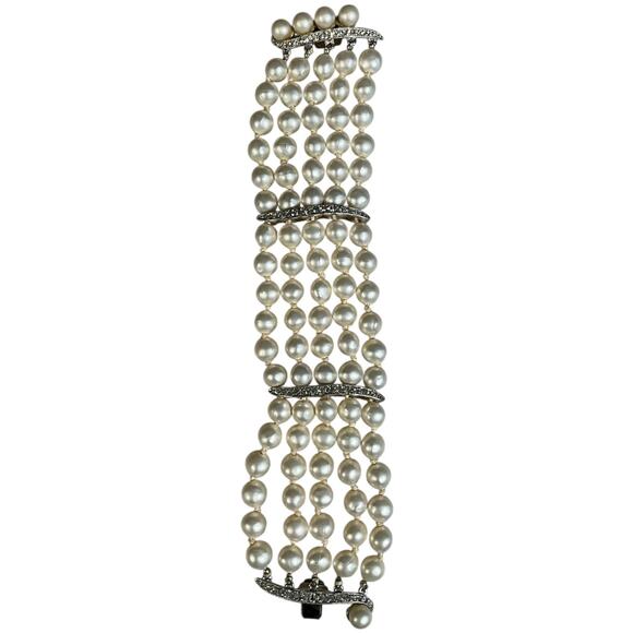 Elegant Multi-Strand Pearl & Rhinestone Bracelet Statement Cuff Old Money Ivory - Picture 8 of 9